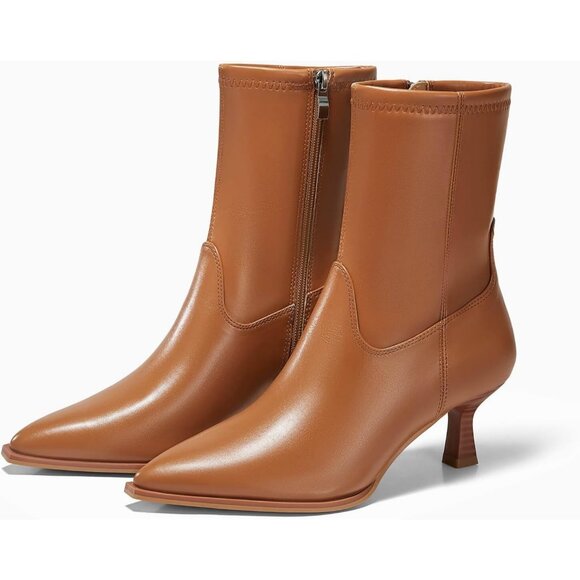 Women's Brown  Pointed Toe Ankle Boots Stacked Kitten Low Heel Side Zipper - Picture 4 of 6